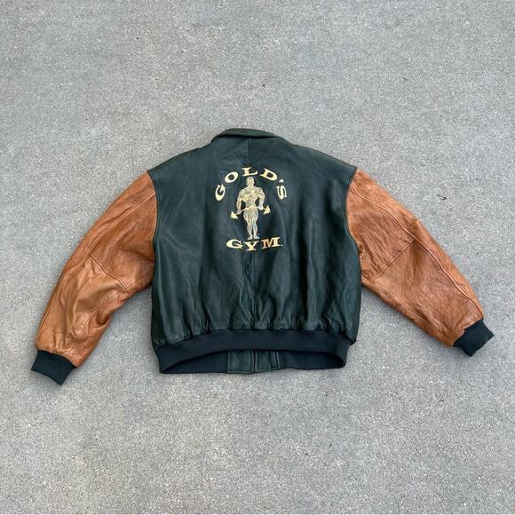 Vintage Golds Gym leather bomber varsity jacket yellow gold and green - Picture 3 of 10